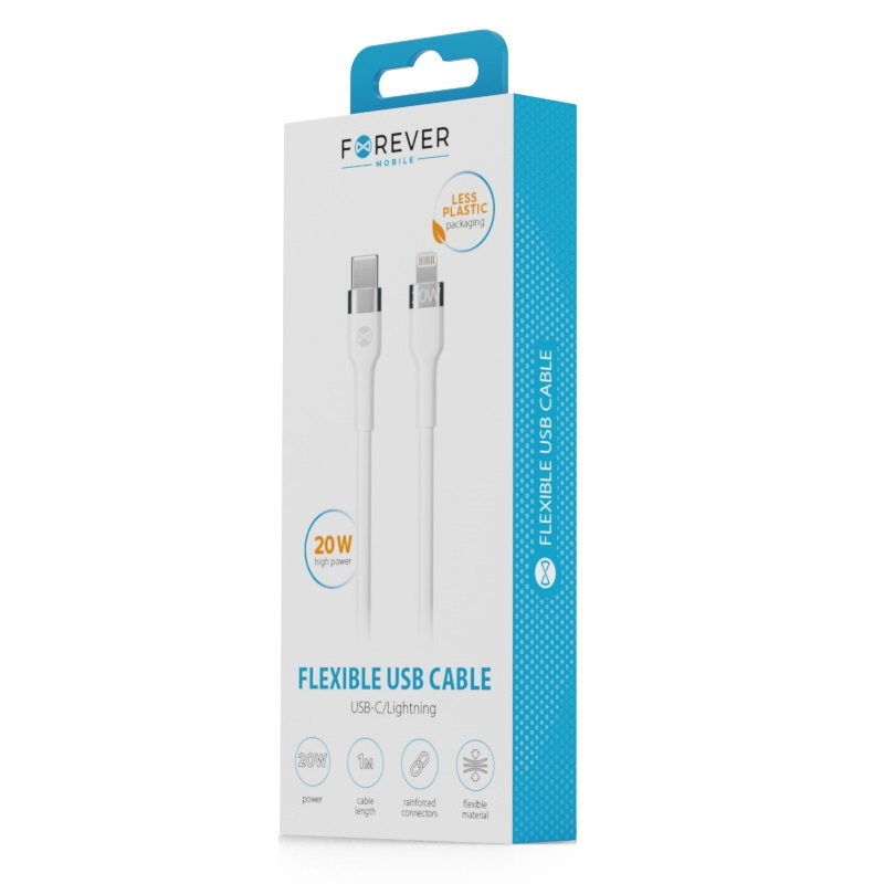 20w-flexible-cable-forever-1m-1_202362203543_large Câble de Charge Rapide Flexible - USB-C vers Lightning - 1m 20W - Blanc - Forever – Image 1