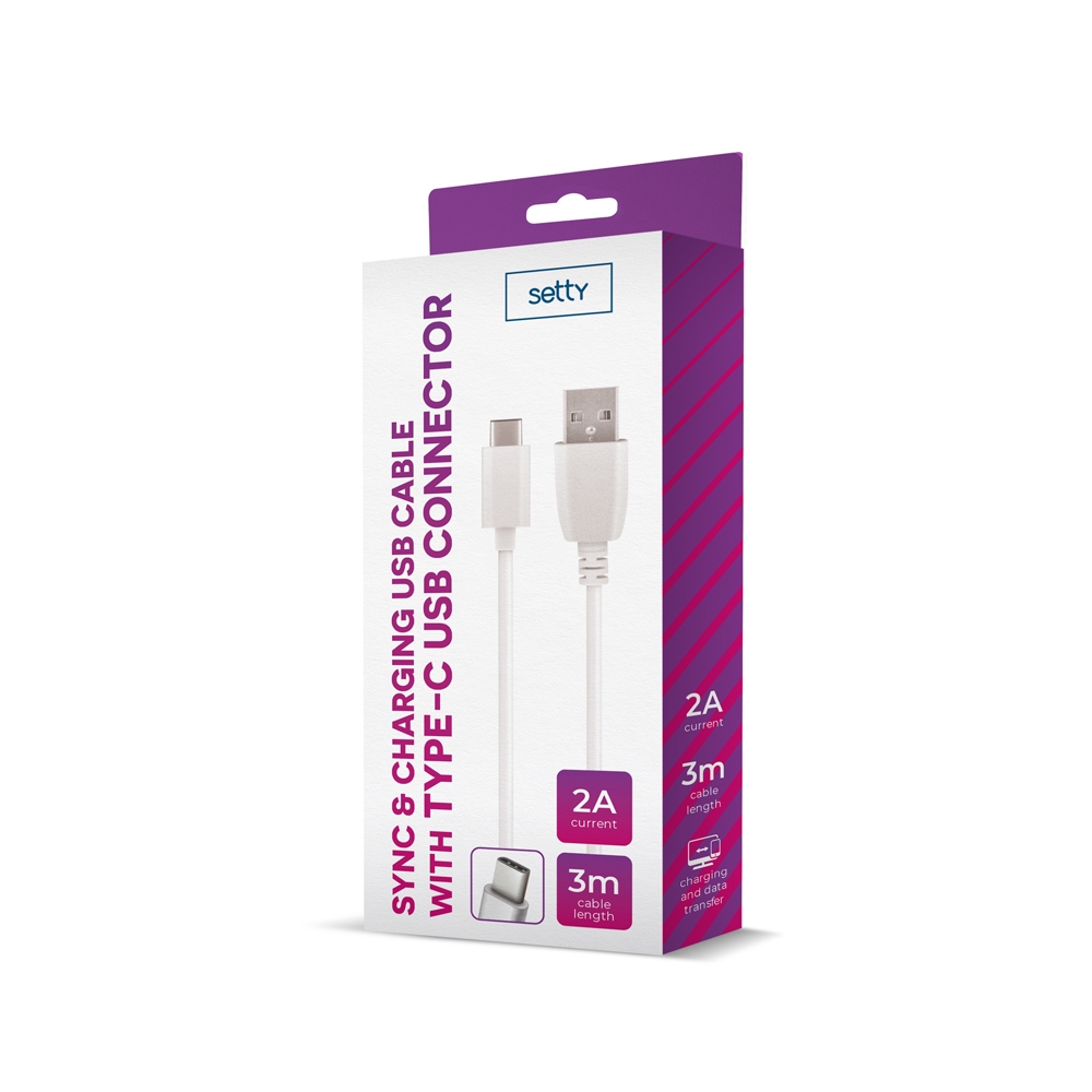 setty-micro-c-blanc-1_2019116103818_large Câble de Charge et Synchro - USB vers Type C - 3 mètres - Blanc - Setty – Image 1