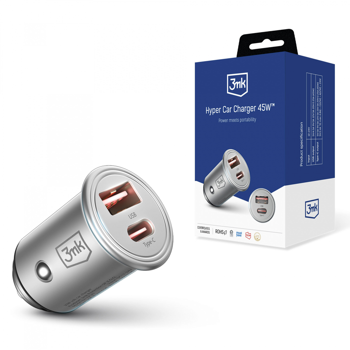 3mk-hyper-car-charger-45w-1_202521015317_large Chargeur voiture 1xUSB 1xUSB-C 45W - Hyper Car Charger - 3mk – Image 1