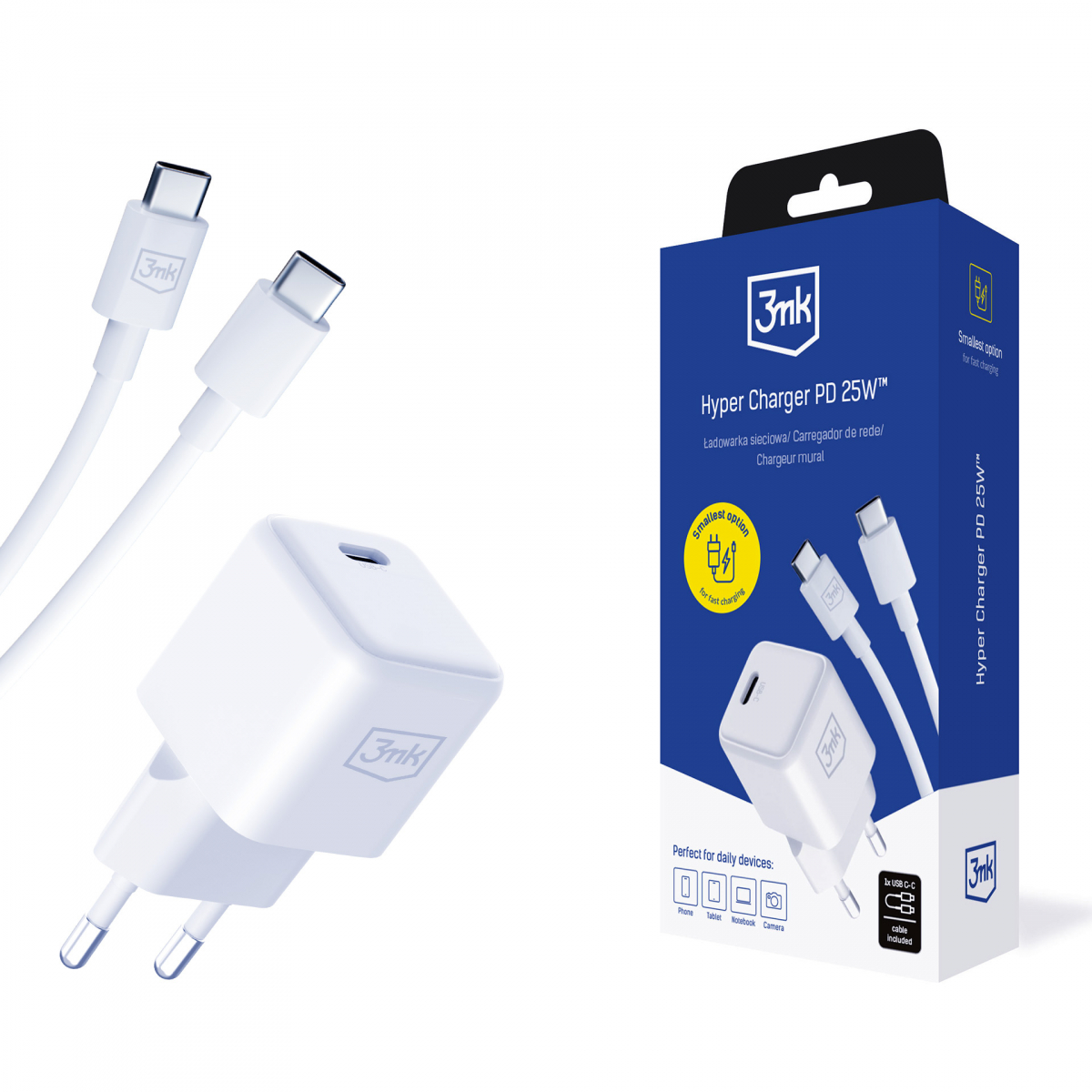 3mk-hyper-charger-25w-cables-cc-1_202521016225_large Chargeur Secteur 1xUSB-C PD 25W + Câble USB-C/USB-C - Hyper Charger - 3mk – Image 1