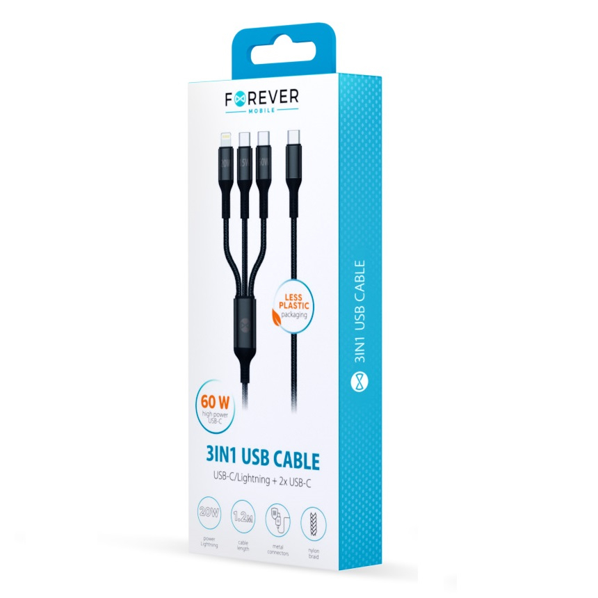 forever-3-en-1-60w-cable-1_2024125113929_large Câble de Charge et Synchro 3 en 1 USB-C/Light+2xUSB-C - 1.2m 60w - Forever – Image 1