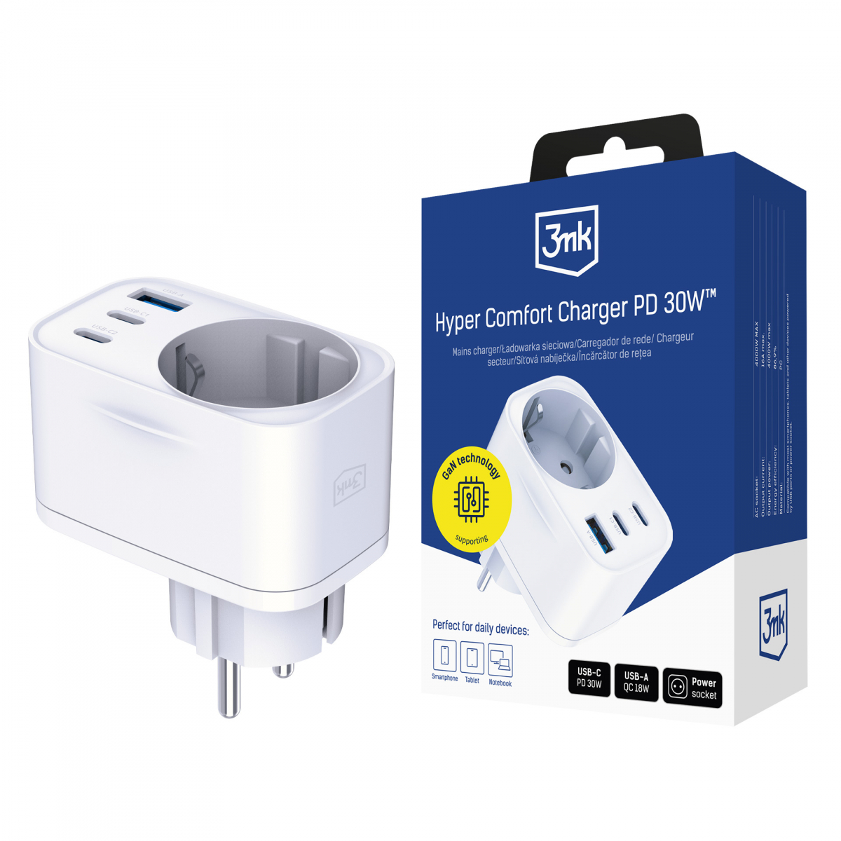 comfort-charger-3mk-1_202543122921_large-1.jpg Prise Chargeur Secteur - Comfort Charger GaN 30W QC PD PPS 2C1A1S - 3mk – Image 1